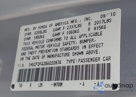 2011 Honda Accord 2.4 Lx-P from USA, damaged, VIN 1HGCP2F42BA020974